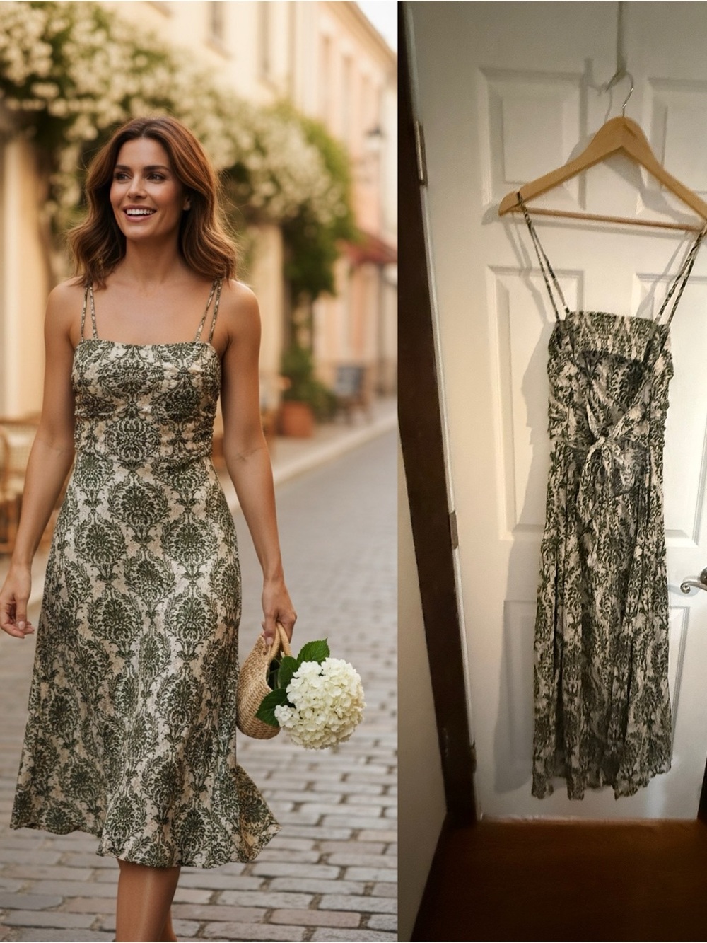 CUPSHE Green & Cream Damask Tie-Back Midi Sundress Size Large